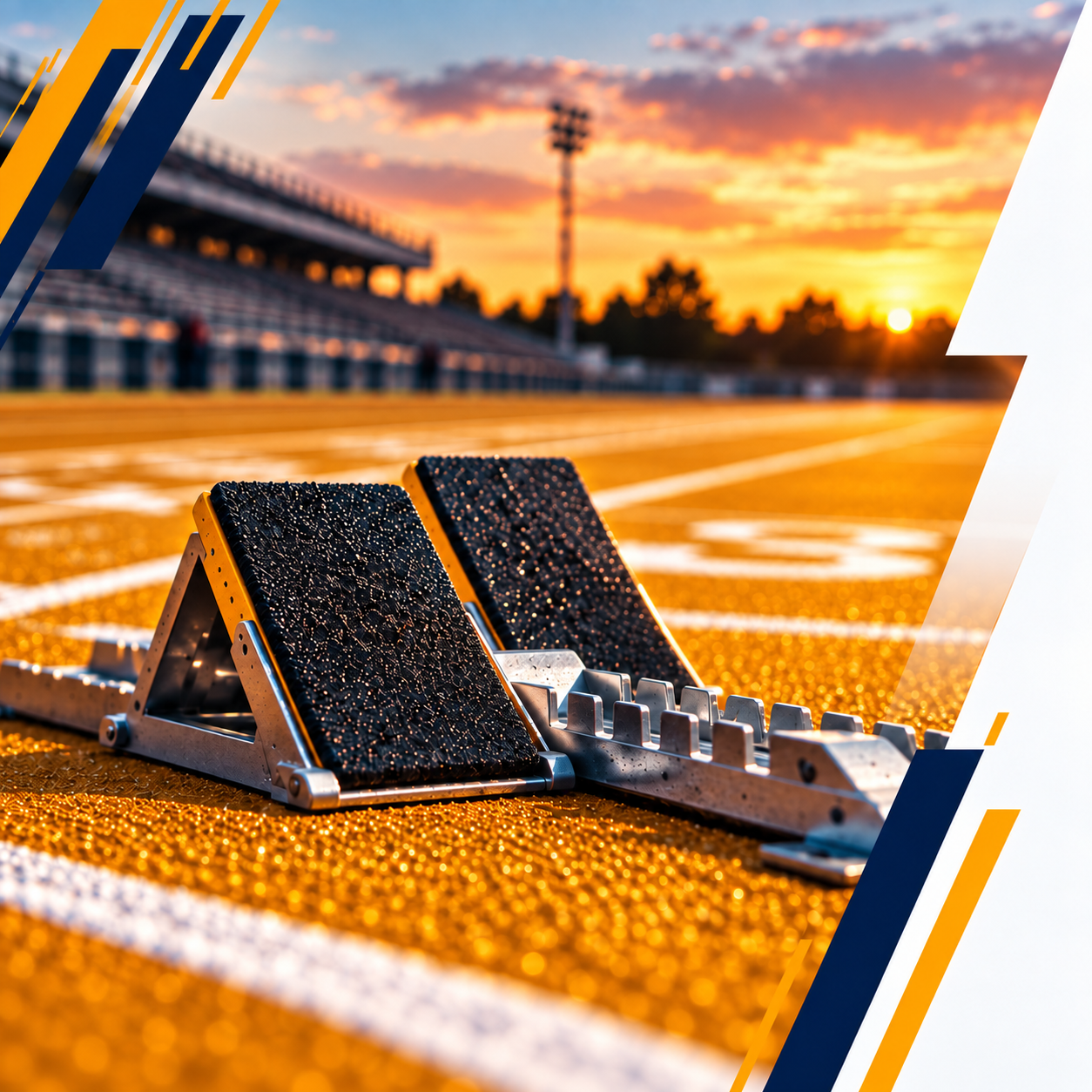 Starting blocks set on a gold running track at sunset