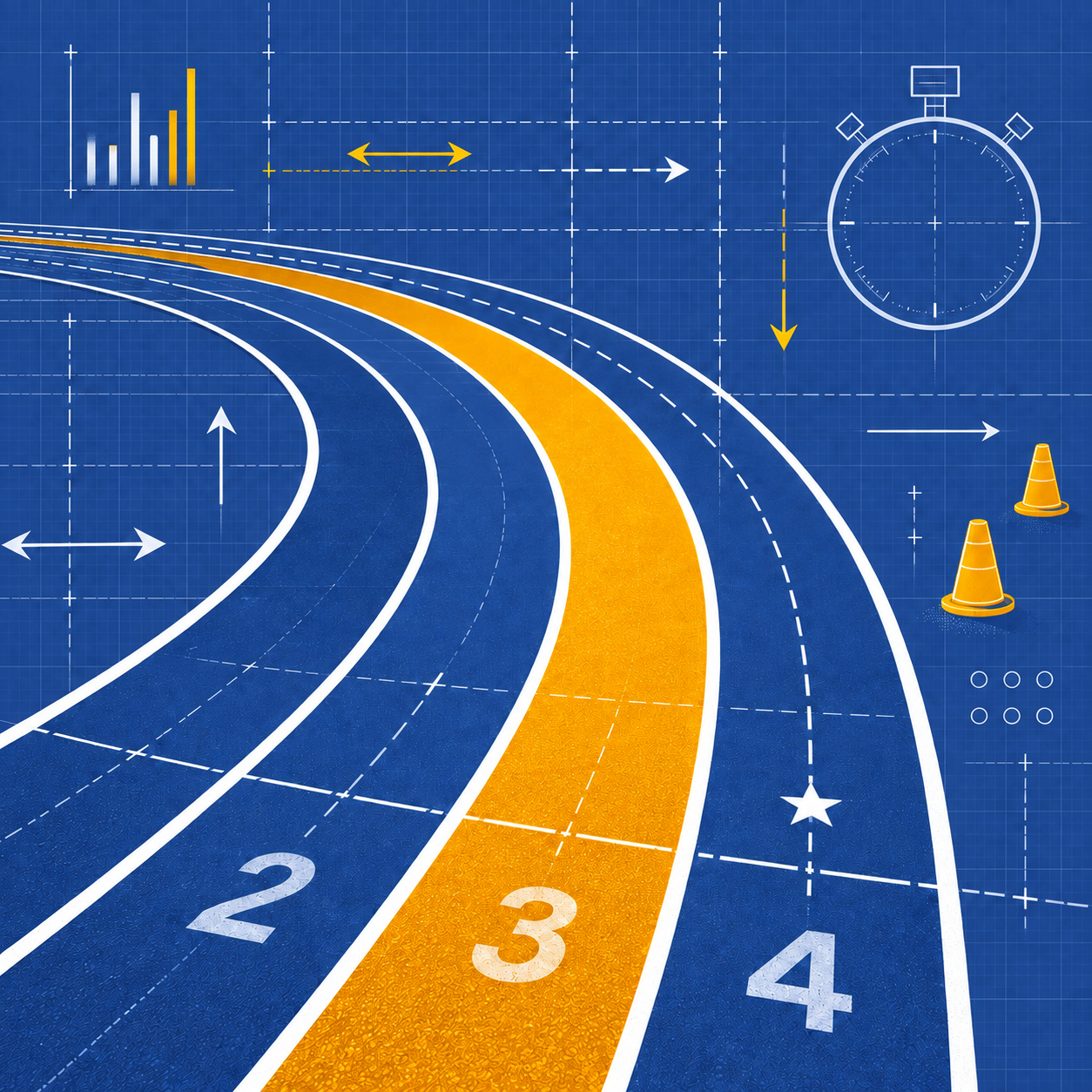 Blueprint-style illustration of numbered track lanes with a stopwatch, training cones, and progress charts