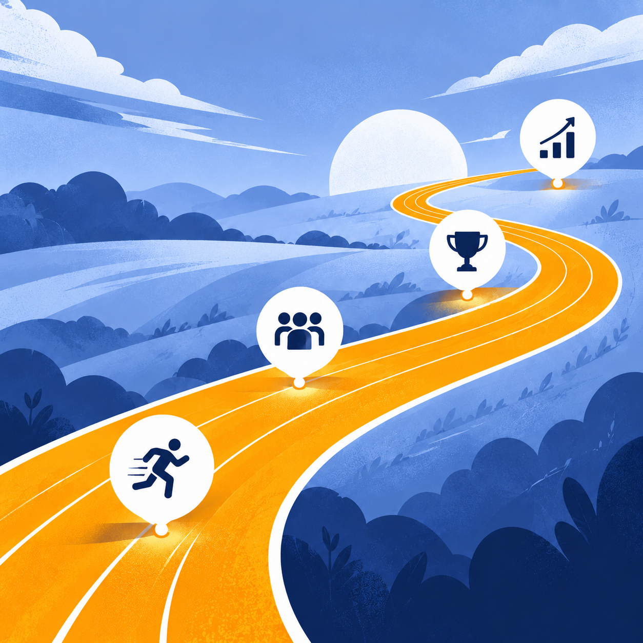 Illustration of a winding running track with milestones for running, teamwork, trophies, and progress